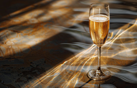 A single glass of champagne sits on a reflective surface, illuminated by warm, golden light.の素材