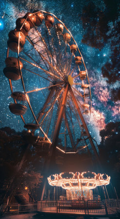 A brightly lit Ferris wheel stands tall against a dark night sky filled with stars and the Milky Way.の素材