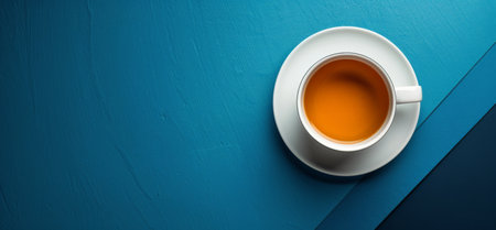 A cup of coffee on a saucer sits on a blue background, with two small succulents in pots to the left.の素材