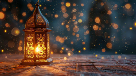 A golden light shines from a decorative metal lantern, surrounded by a bokeh of warm lights against a dark, blurred background.の素材
