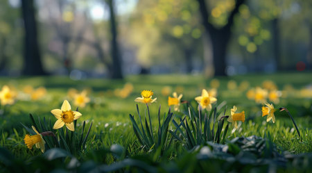 Yellow daffodils bloom in a sunny meadow with blurred trees in the background.の素材