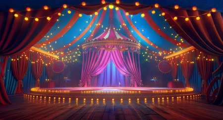 An illustration of a stage with red velvet curtains drawn back to reveal a wooden floor illuminated by string lights and spotlights.の素材