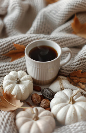 A close-up image of a cup of coffee, two pumpkins, and autumn leaves on a knitted blanket.の素材