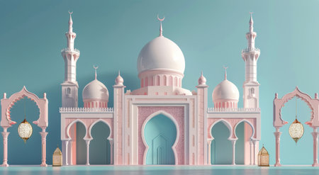 A white mosque with ornate details is illuminated by the setting sun, while cherry blossoms bloom in the foreground and lanterns cast a warm glow.の素材