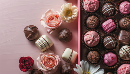 A variety of chocolate truffles, some with pink stripes or white tops, arranged on a light blue background with pink rose petals and pink roses surrounding them.の素材