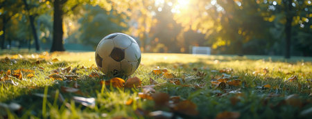A soccer ball sits in the middle of a lush green lawn, surrounded by tall trees. The sun shines brightly overhead, casting a warm glow on the scene.の素材