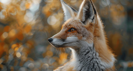 A red fox stands in a forest with a background of golden autumn foliage, looking off to the side.の素材