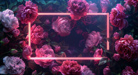 A vibrant pink neon frame encloses a cluster of pink peonies blooming in a lush green garden at night.の素材
