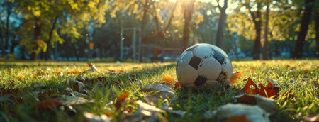 A soccer ball sits in the middle of a lush green lawn, surrounded by tall trees. The sun shines brightly overhead, casting a warm glow on the scene.の素材