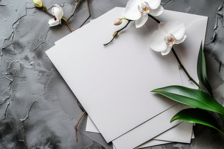 A single white orchid flower with green leaves lays on a stack of papers with a linen fabric on a gray concrete background.の素材