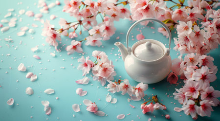 A white teapot sits on a blue surface surrounded by delicate cherry blossom petals.の素材