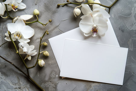 A single white orchid flower with green leaves lays on a stack of papers with a linen fabric on a gray concrete background.の素材