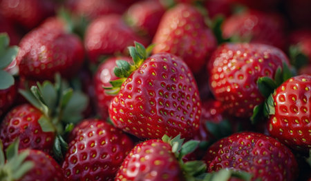 A close-up photo of ripe red strawberries with green leaves.の素材