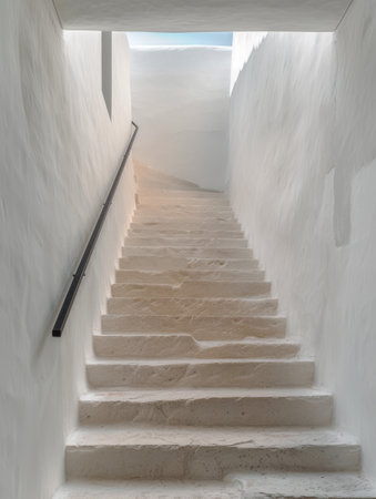 A modern interior with a concrete staircase and black handrail.の素材