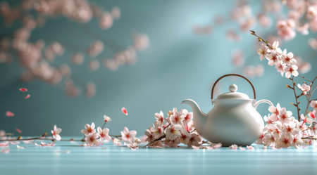A white teapot sits on a blue surface surrounded by delicate cherry blossom petals.の素材
