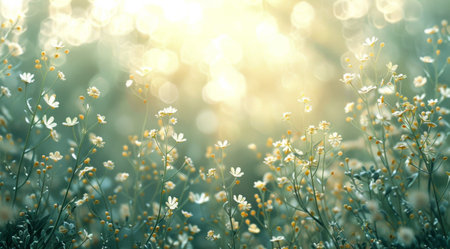 A field of delicate white wildflowers blooms in the soft light of a sunny meadow.の素材