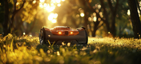 A robotic lawnmower sits in a lush green lawn with a sunset glowing through the trees in the background.の素材
