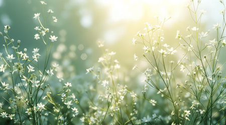 A close-up view of delicate wildflowers bathed in soft sunlight, filtering through the lush greenery of a forest.の素材