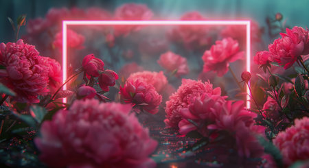 A vibrant pink neon frame encloses a cluster of pink peonies blooming in a lush green garden at night.の素材