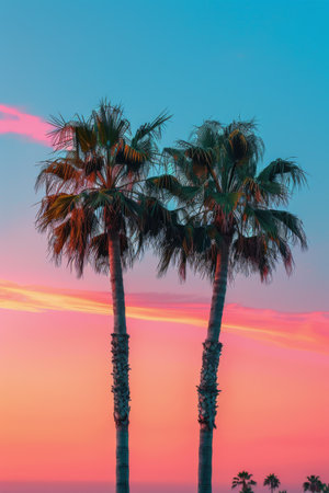 A beautiful shot of three palm trees standing tall against a vibrant pink sunset sky, with soft, fluffy clouds.の素材