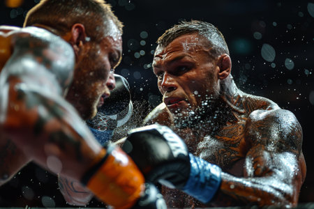 A close-up shot of a boxer wearing red gloves, fighting in a boxing ring with rain falling heavily.の素材
