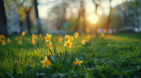 A close-up image of yellow daffodils blooming in a grassy field with a blurred background of green trees.の素材