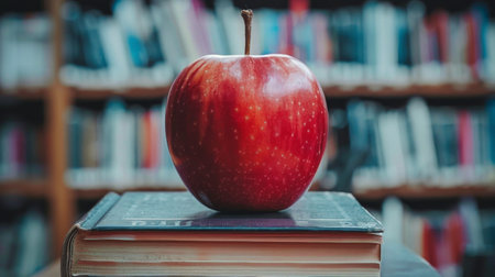 A red apple sits on top of a closed textbook in a classroom, with rows of desks in the blurry background.の素材