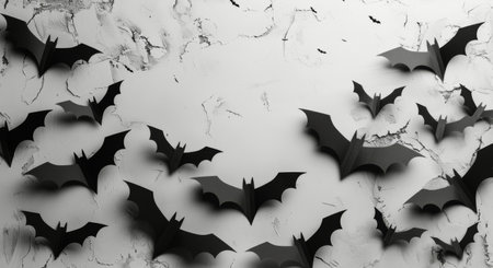 A white wall with cracks decorated with black paper bats for Halloween.の素材