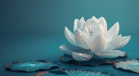 A single white lotus flower with yellow center stands out against a blue background.の素材