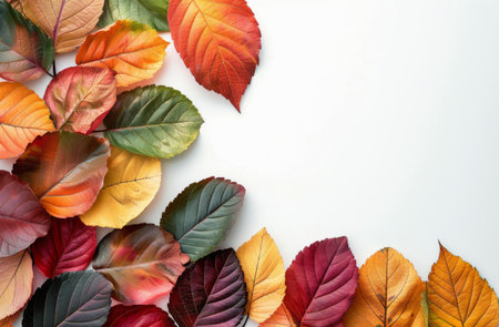 An arrangement of colorful autumn leaves in various shades of red, orange, and yellow form a border around a white background.の素材