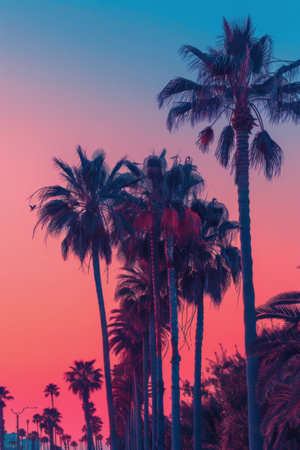 A beautiful shot of three palm trees standing tall against a vibrant pink sunset sky, with soft, fluffy clouds.の素材