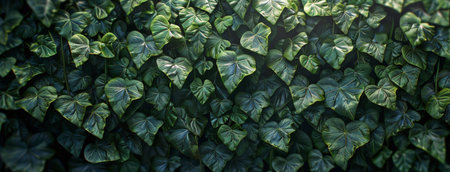 A close up shot of green leaves in the sunlight. The leaves are dense and lush, creating a beautiful natural background.の素材