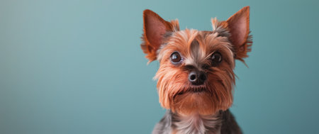 A close-up portrait of a Yorkshire Terrier dog, looking directly at the camera, against a light blue background.の素材