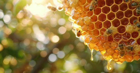 A close-up of a honeycomb dripping with golden honey, surrounded by bees in a sunny outdoor setting.の素材