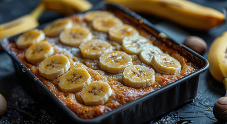 A freshly baked banana bread loaf with sliced bananas and a honey glaze in a baking dish.の素材