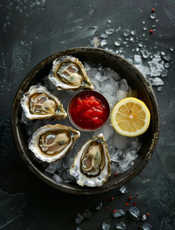 A close-up shot of four fresh oysters served on ice in a bowl, with a slice of lemon and red sauce.の素材