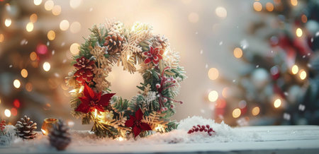 A close-up shot of a Christmas wreath made of evergreen branches and pinecones, adorned with string lights, set on a white, snowy surface with a blurred background of more greenery and lights.の素材