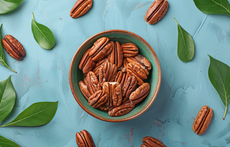 A top view of a bowl of pecan nuts with green leaves on a light blue background.の素材