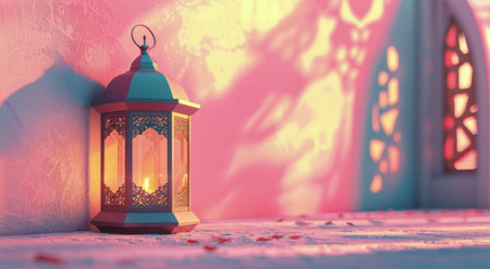 A decorative, illuminated lantern with intricate details stands on a white surface against a soft pink background.の素材