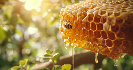 A close-up of a honeycomb dripping with golden honey, surrounded by bees in a sunny outdoor setting.の素材