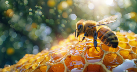 A close-up of a honeycomb dripping with golden honey, surrounded by bees in a sunny outdoor setting.の素材