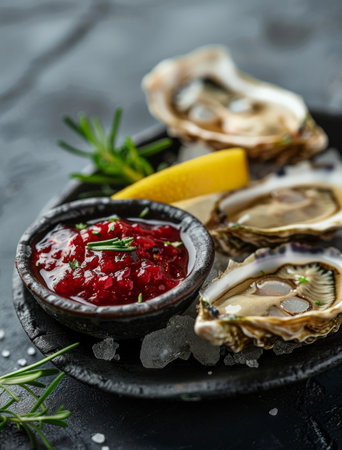 A close-up shot of four fresh oysters served on ice in a bowl, with a slice of lemon and red sauce.の素材
