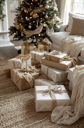 A close-up view of Christmas presents wrapped in brown paper and white paper with burlap ribbon, sitting under a decorated Christmas tree in a living room.の素材