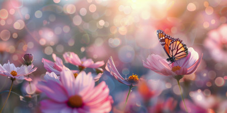 A beautiful monarch butterfly rests on a pink cosmos flower in a field with a warm sunset glow.の素材