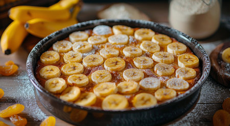 A freshly baked dessert topped with banana slices and a sprinkle of powdered sugar.の素材