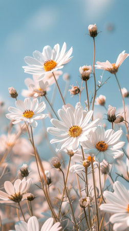 A close-up of white daisies blooming in a field on a sunny day, with a bright blue sky and fluffy white clouds in the background.の素材
