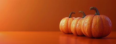 Five pumpkins sitting on a bright orange background.の素材