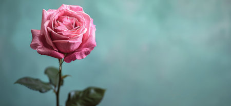 A single pink rose stands out against a light blue backdrop.の素材