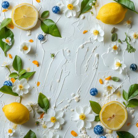 A flat lay image of fresh lemons, blueberries, and white flowers on a white background.の素材