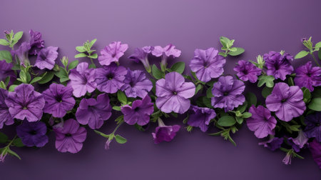 Close-up of vibrant purple petunia flowers on a purple background, in full bloom with open petals, creating a striking contrast.の素材
